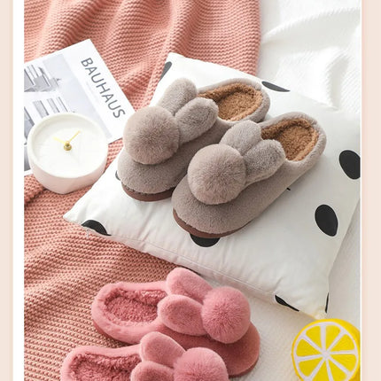 Thick Sole Winter Plush Slippers Cozy Faux Rabbit Fur Indoor House Shoes for Women & Men Couple Matching Slides with Closed Back