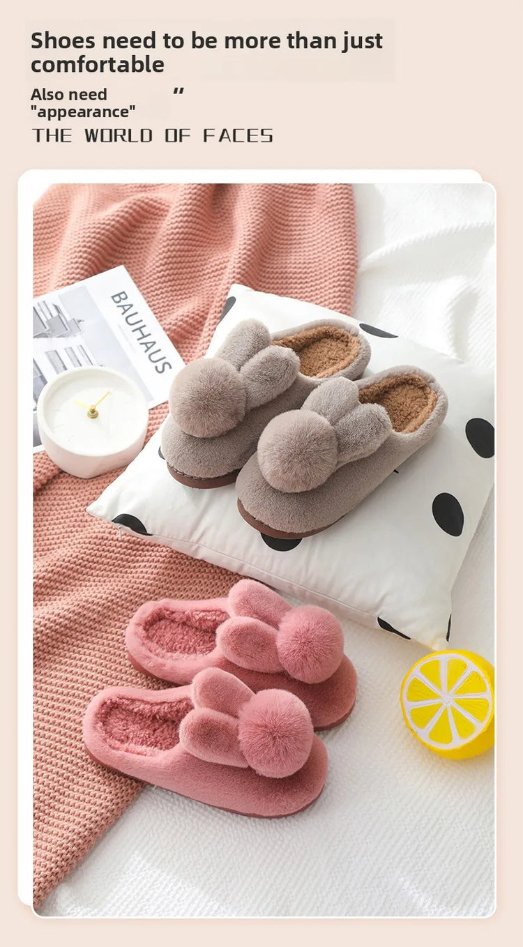 Thick Sole Winter Plush Slippers Cozy Faux Rabbit Fur Indoor House Shoes for Women & Men Couple Matching Slides with Closed Back