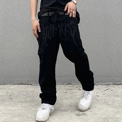 Men Y2K Embroidered High-waisted Straight Baggy Printed Jeans Hip Hop Teenager Boy Streetwear Skateboard Casual denim Trousers PlatiNum