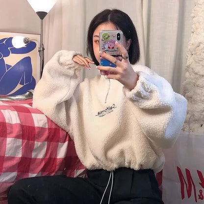 Imitation Lamb Wool Thickened Short Sweatshirt for Women Autumn Winter Half Open Neck Zipper Letter Embroidery Warm Pullover Top