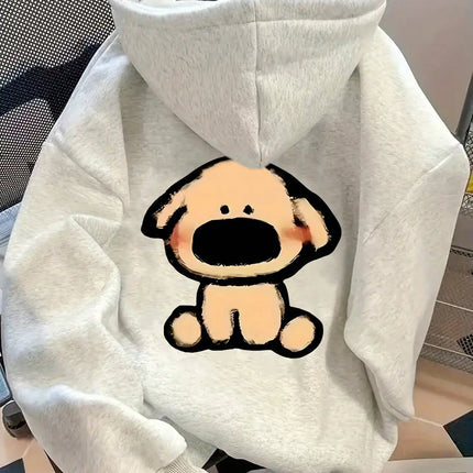 Plus Size 2025 Autumn Winter Women's Hooded Sweatshirt Long Sleeve Solid Color with Cute Little Dog Print Pullover