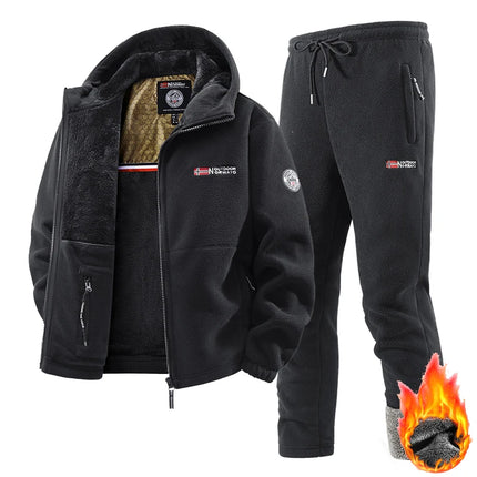 2025 New Winter Sportswear Set Mens Retro Training Thick Fleece Jacket + Pants Two Piece Set Casual Ski Running Tracksuit Suit