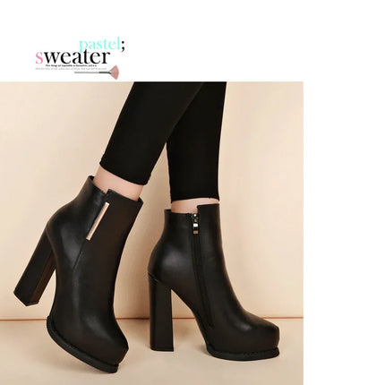 Autumn Winter Plush Boots Women British Thick Heel Waterproof Platform Thick Bottom Short Boot High Heels Lady