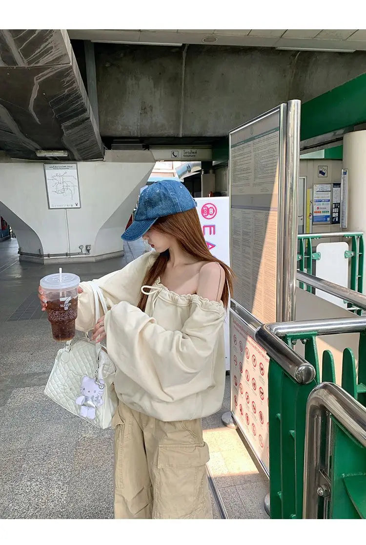 Bandage Pleated Solid Lazy Style Hoodies Sweatshirts Spring Autumn Long Sleeve Loose Fashion Tops Korean Casual Women Clothing