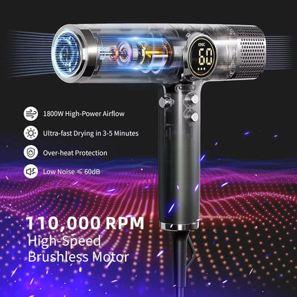 5 In 1 Fast Drying 1800W Low Noise Negative Ionic High-Speed 110000RPM Brushless Motor HairDryer Set with Magnetic Nozzle