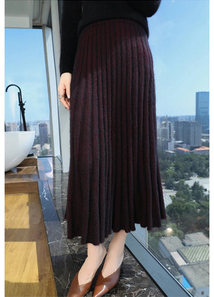 Autumn And Winter Fashion Mink Cashmere Mid Length High Waist Skirt For Women, Knitted Umbrella Skirt, Fashionable Pleated Skirt PlatiNum
