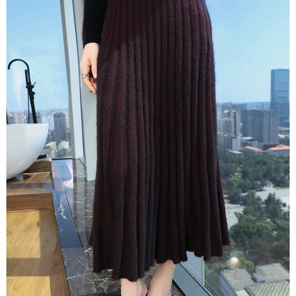 Autumn And Winter Fashion Mink Cashmere Mid Length High Waist Skirt For Women, Knitted Umbrella Skirt, Fashionable Pleated Skirt PlatiNum