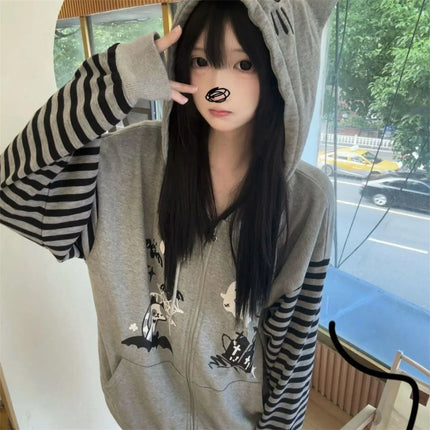 Japanese Harajuku Kawaii Long Sleeve Hoodie Women Cat Ears Sweet Sweatshirt Lace Striped Zipper Casual Cartoon 2025 Autumn