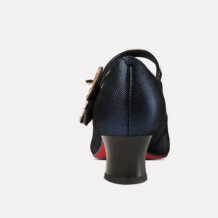 FHC Tacchi medi in pelle poco profonde, Scarpe da lavoro da donna da ufficio, Décolleté da donna, Papillon con strass, Punta a punta Vogue, Blu, Nero, Dropship