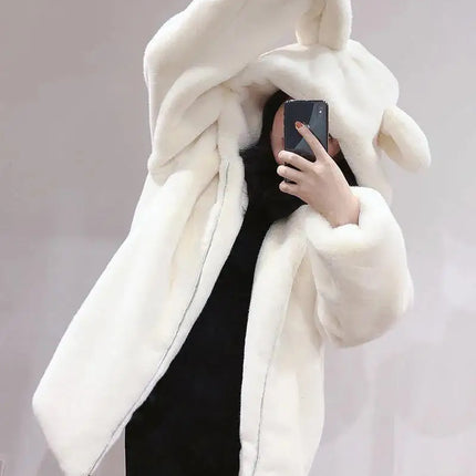 Cosy Loose Faux Fur Coat Womens Faux Fur Fuzzy Hooded Fluffy Ears Surcoat Overcoat Woman Winter Warm Outerwear Snowy Day Wrap