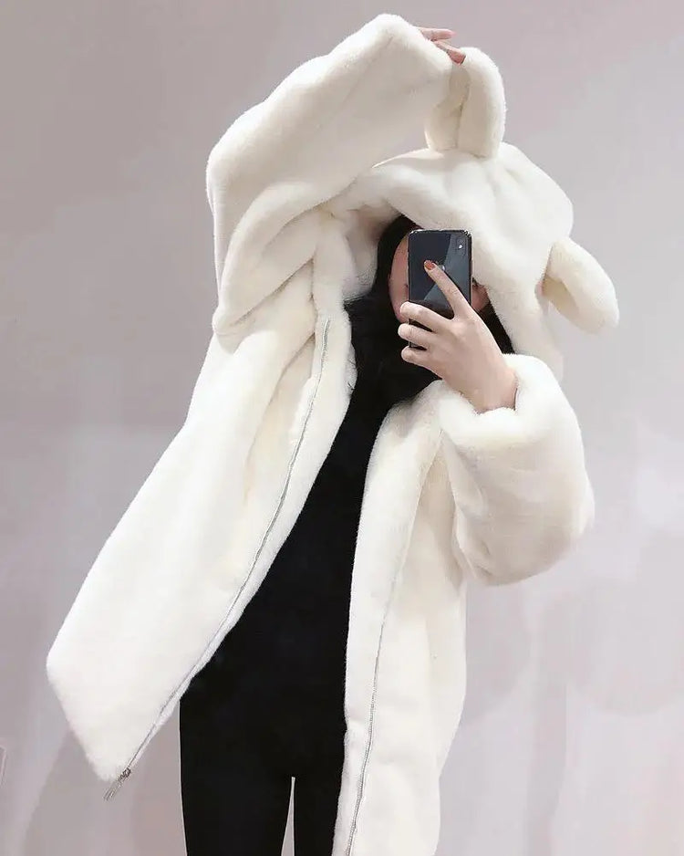 Cosy Loose Faux Fur Coat Womens Faux Fur Fuzzy Hooded Fluffy Ears Surcoat Overcoat Woman Winter Warm Outerwear Snowy Day Wrap