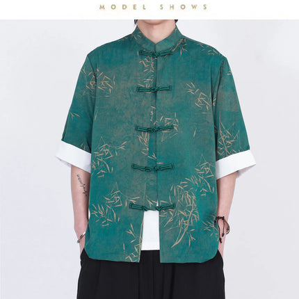 Camicie da uomo estive di lusso in jacquard con foglie di bambù, camicia a maniche corte da uomo in stile cinese tradizionale, camicia casual da uomo per Kung Fu e Tai Chi