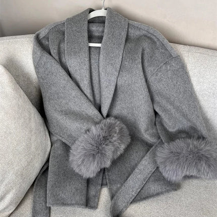 Tossy Fox Fur Wool Overcoat Women's Short Coat Office Lady Elegant Double-sided Woolen Coat 2025 New Cardigan Jackets Loose Wool