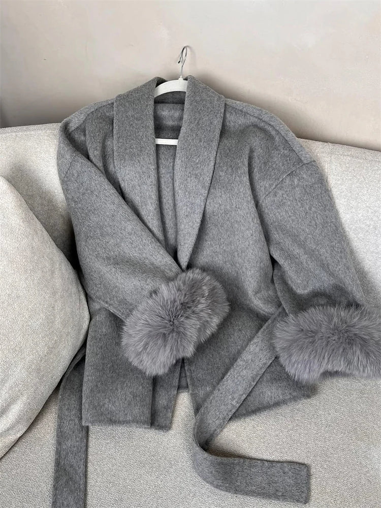 Tossy Fox Fur Wool Overcoat Women's Short Coat Office Lady Elegant Double-sided Woolen Coat 2025 New Cardigan Jackets Loose Wool