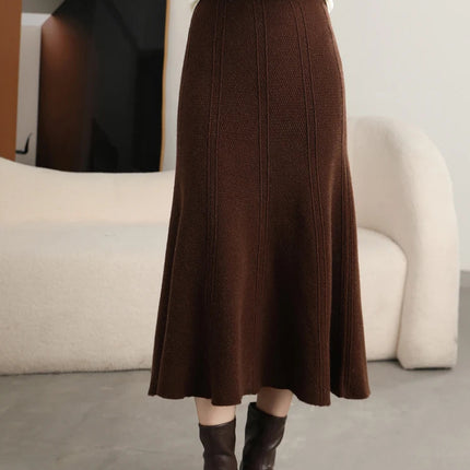 Grace Women's Skirt 100% Merino Wool Skirt Hip Hugging A-Line Wave Skirt Knitted Warm Autumn Winter Dress Slim Office Lady Skirt PlatiNum