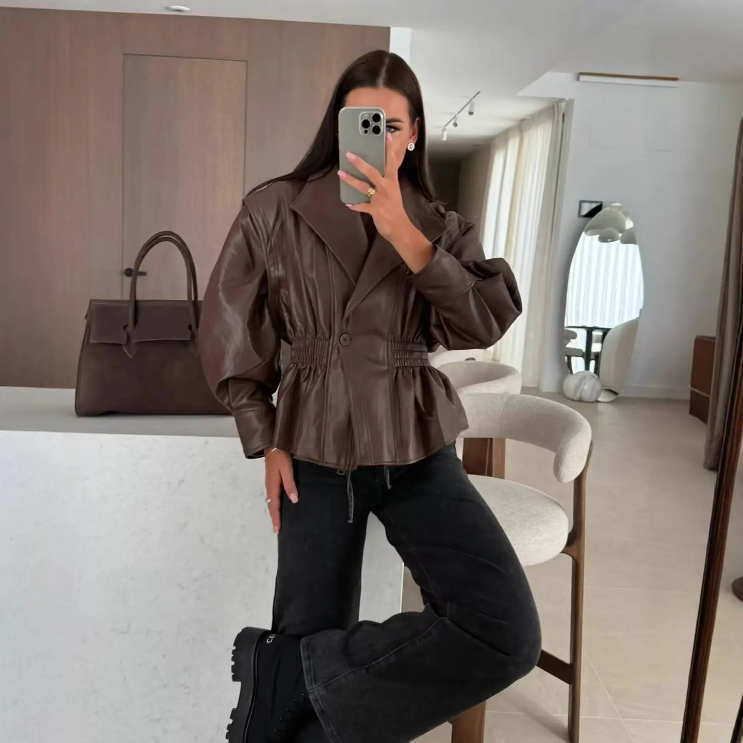 Vintage Elastic Waist Cinching Brwon Leather Jacket Women Casual Lapel Zipper Pu Coat Lady Autumn Outdoors Highstreet Outwear