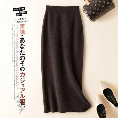 100% pure wool skirt new women's autumn and winter mid-length high-waisted thin cashmere skirt knitted all-match hip skirt PlatiNum