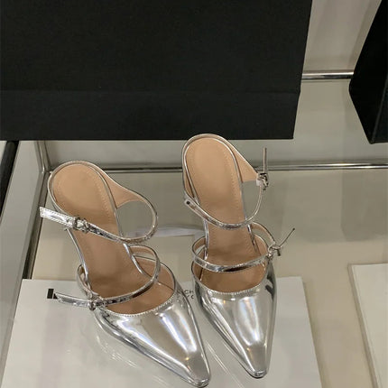Liyke New Fashion Transparent Wedge Slippers Women Pumps Patent Leather Pointed Toe Buckle Strap Designer High Heels Mules Shoes PlatiNum