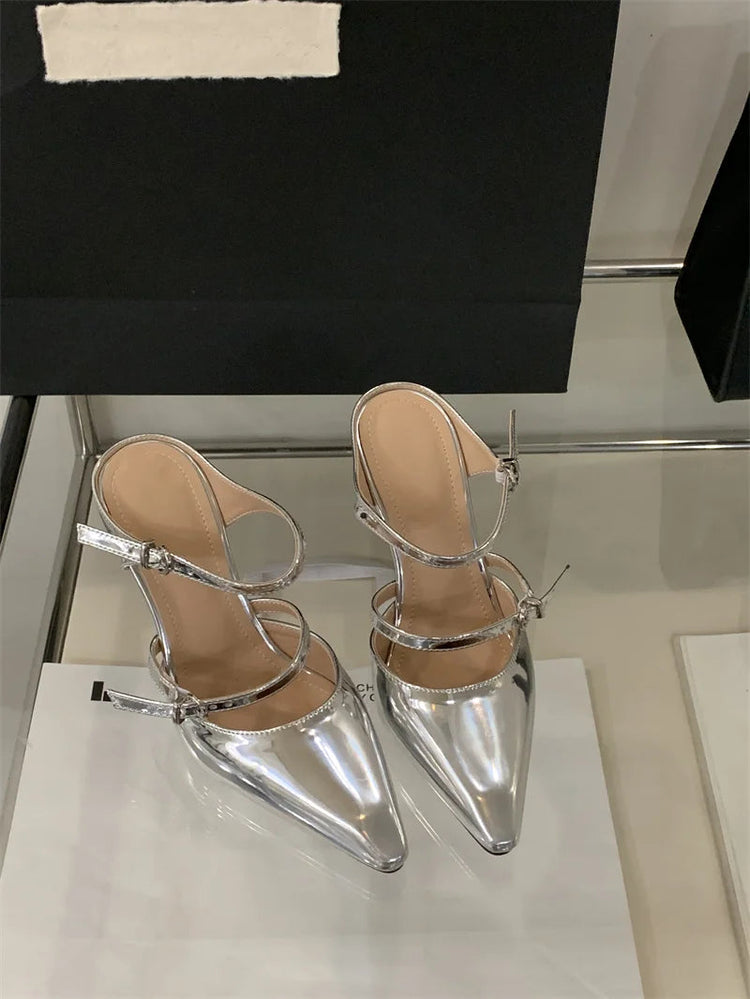 Liyke New Fashion Transparent Wedge Slippers Women Pumps Patent Leather Pointed Toe Buckle Strap Designer High Heels Mules Shoes PlatiNum