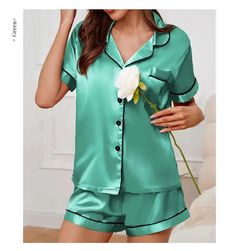 Pigiama da donna in raso di seta estivo Set Top e pantaloncini abbottonati 2 pezzi indumenti da notte colletto dentellato indumenti da notte Loungewear per le donne platinumshop