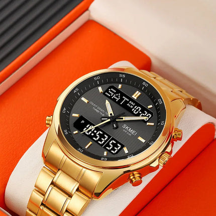 Skmei orologio da polso analogico al quarzo da uomo cinturino in acciaio inossidabile di lusso Led impermeabile digitale sportivo sveglia a tre fusi orari platinumshop