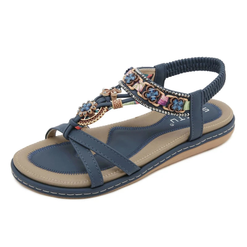 Summer 2025 Pomesian Rhinestones Comfortable And Casual Beach Flat Sandals For Women Ethnic Style Leisure Comfortable And Simple