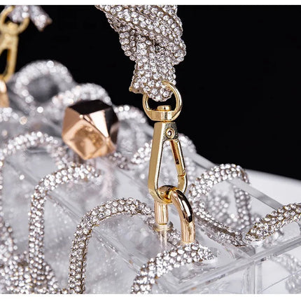 Classic 2025 Acrylic Box Bag with Woven Diamond Rope Handheld Evening Women's Bag Transparent Dinner Handbag European Style PlatiNum