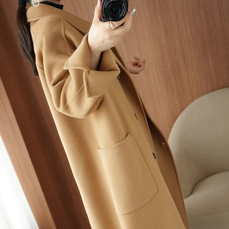 Ladies' 100% Cashmere Thick Double-Sided Extended Coat, Classic, Versatile and Fashionable for Business and Leisure