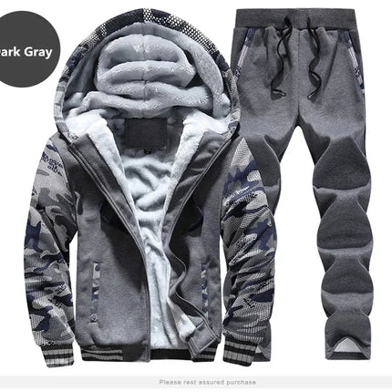 New Winter Fleece Thicken Men's Two-piece Zipper Sports Set Hooded Thermal Suit Casual Oversized Tracksuit 4XL 5XL Funny Suit