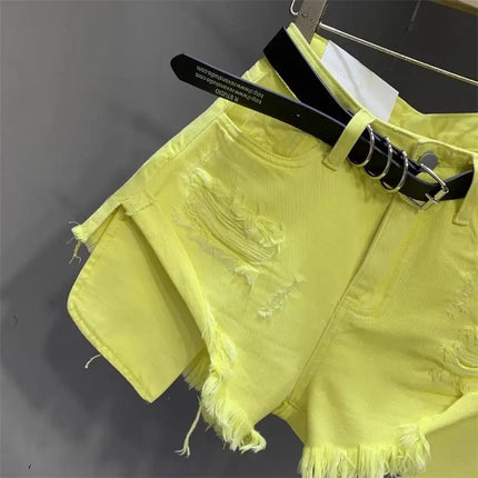 New style ripped denim shorts with frayed washed pockets and wide legs