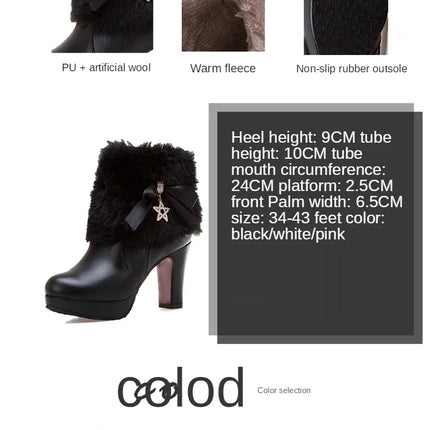 Snow Boots Womens Winter Warm Plush Fashion High Heels Pink White Black Fur Bowt Dress Party Wedding Platform Boots 526-1