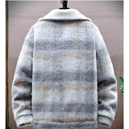 Retro Men's Woolen Coat Winter Add Velvet Keep Warm Jackets Classic Plaid Print Loose Casual Trench Blends Jacket Men Clothing
