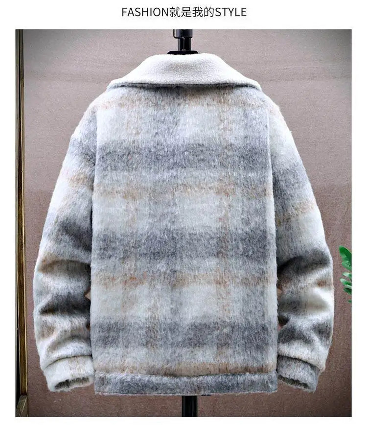 Retro Men's Woolen Coat Winter Add Velvet Keep Warm Jackets Classic Plaid Print Loose Casual Trench Blends Jacket Men Clothing