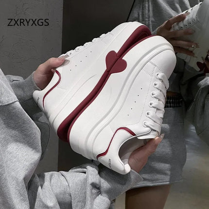 ZXRYXGS 2025 Spring Genuine Leather  Breathable Comfortable Shoes Woman New Thick Sole Wedges Increase Casual Sneakers White