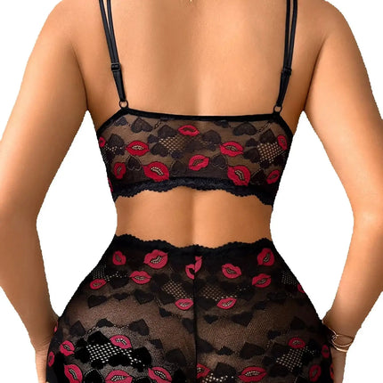 Women Sexy Lip Print Lingerie Set Hollow-out Lace Unlined Camisole Bra Thin Cup Wireless Sexy Bras and Sheer Panties