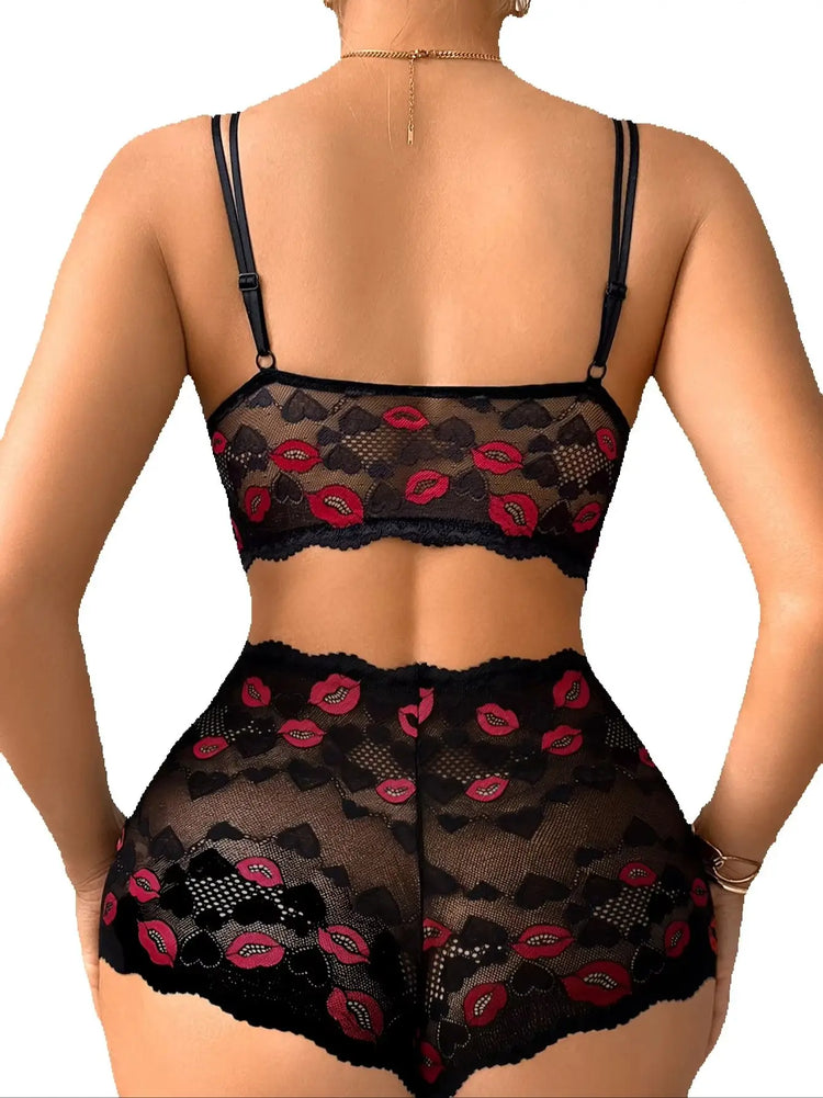 Women Sexy Lip Print Lingerie Set Hollow-out Lace Unlined Camisole Bra Thin Cup Wireless Sexy Bras and Sheer Panties