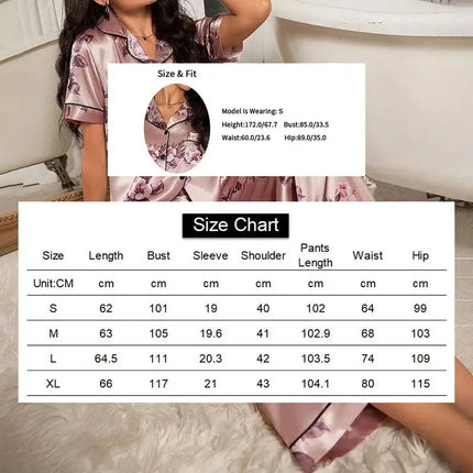 Pigiama da donna elegante pigiameria in raso Pj Set stampa floreale bottoni manica corta risvolto top e pantaloni lunghi indumenti da notte vestiti per la casa platinumshop
