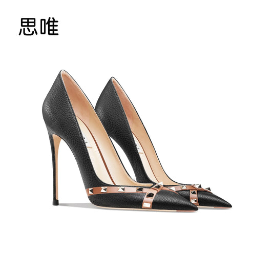 Black elegant Heels for women luxury Fashion Brand Pumps Rivets High Heels Shoes Sexy Party Pointed Toe Ladies Shoes Women