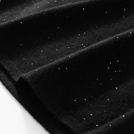 Chic Women Sweater Suite Skirt 100% Cashmere A-Line Skirt Autumn Winter Wave Skirt Elastic Knee Length Dress Sequins French Knit PlatiNum