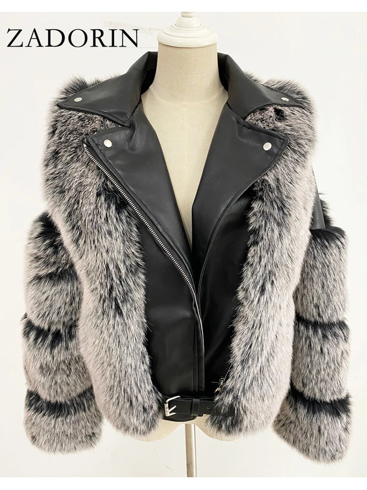 ZADORIN Top Fashion Luxury FAUX Fox Fur Coat Motorcycle PU Leather Turn Down Collar Warm Faux Fur Jacket Women Autumn Winter New