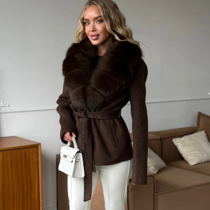 Solid Color Big Fur Collar Tied Woolen Jacket Fashion Waist Cinching Long Sleeved Short Coat 2026 Autumn Street Daily Clothing