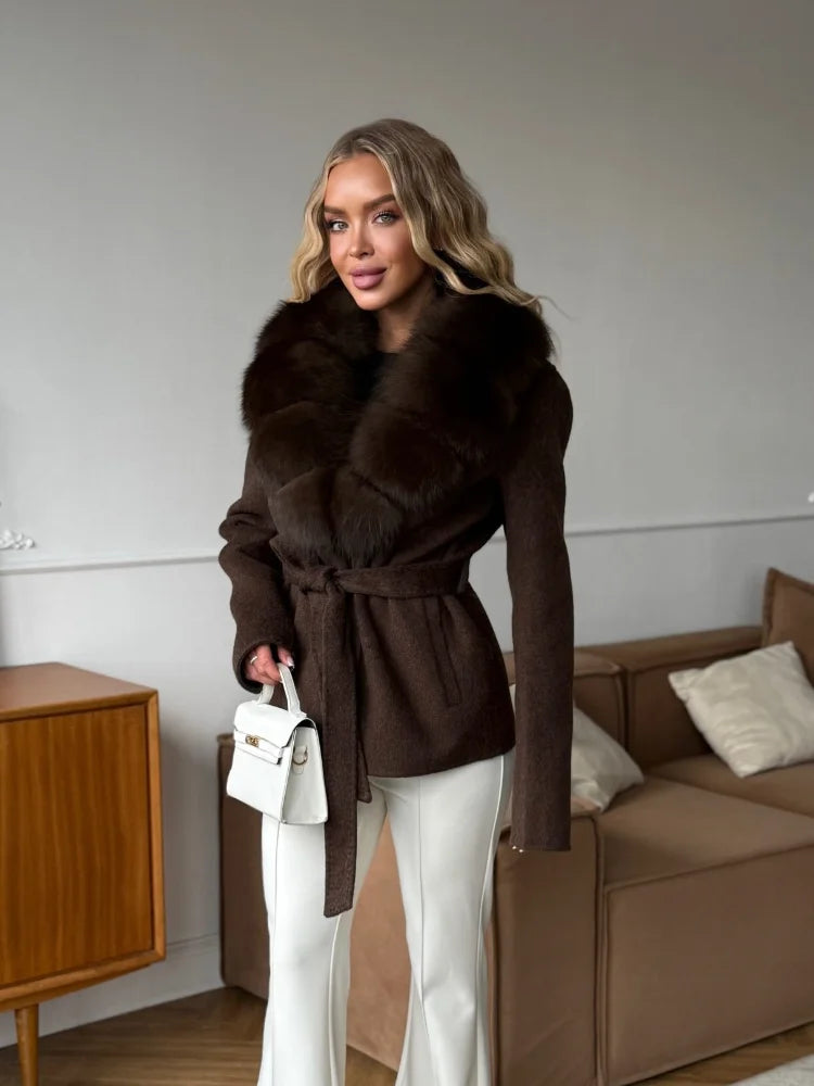 Solid Color Big Fur Collar Tied Woolen Jacket Fashion Waist Cinching Long Sleeved Short Coat 2026 Autumn Street Daily Clothing