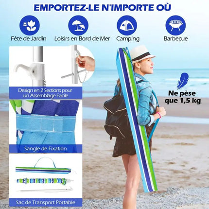 Ombrellone da Spiaggia Portatile 198cm con Protezione UV, Rivestimento Argentato, Perno Inclinabile, Ancoraggio per Sabbia, Palo in Alluminio, Pieghevole, Parasole da Giardino per Esterni