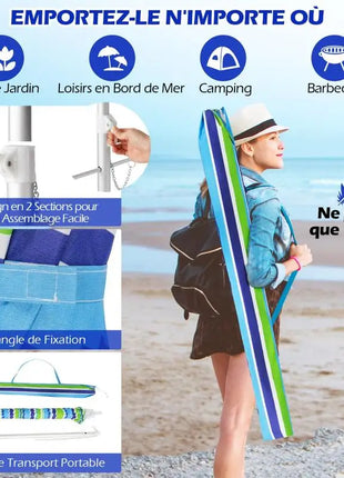 Ombrellone da Spiaggia Portatile 198cm con Protezione UV, Rivestimento Argentato, Perno Inclinabile, Ancoraggio per Sabbia, Palo in Alluminio, Pieghevole, Parasole da Giardino per Esterni