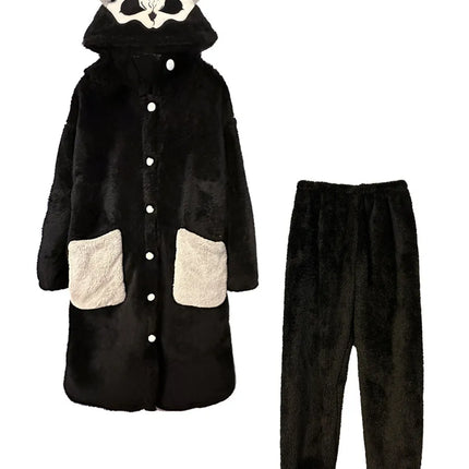 Virtual Alice Dark Gothic Demon Death Skull Horned Hooded Robe Thickened Coral Fleece Winter Warm Long Sleepwear Loungewear