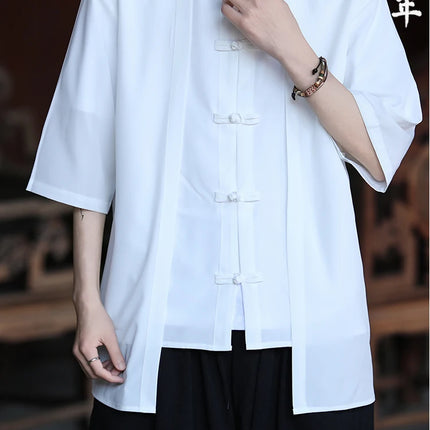 Camicia cinese da uomo in seta di ghiaccio stile cinese comoda camicia retrò traspirante da uomo casual estiva vestibilità ampia moda tinta unita