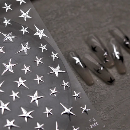 3D Bronzing Laser Silver Irregular Star Nail Decals Metallic Effect Silver Pentagram Nail Decals Adhesive Nail Art Star Stickers