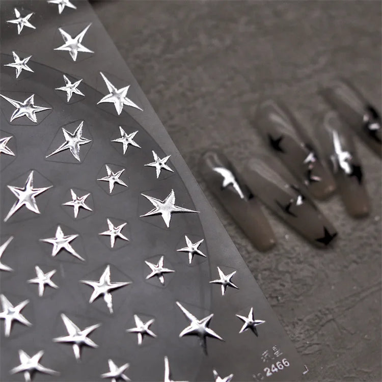 3D Bronzing Laser Silver Irregular Star Nail Decals Metallic Effect Silver Pentagram Nail Decals Adhesive Nail Art Star Stickers