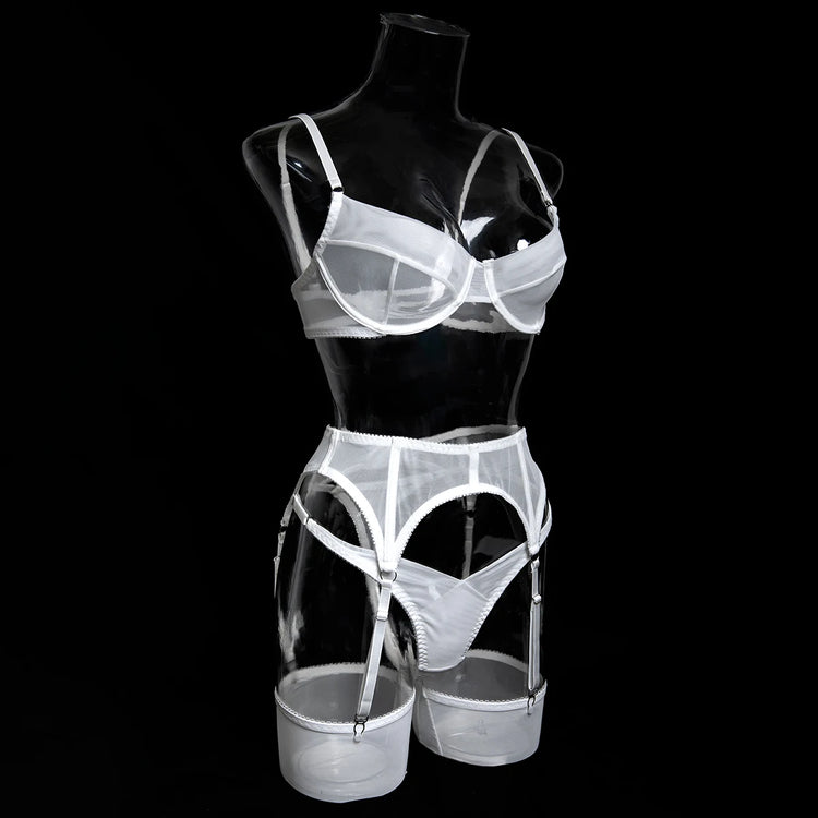 Luxury Dark Style 4Pcs Women's Lingerie Set Push-up Underwire Bra Garter Belt Thong Panty Stocking Erotic Intimate Outfits
