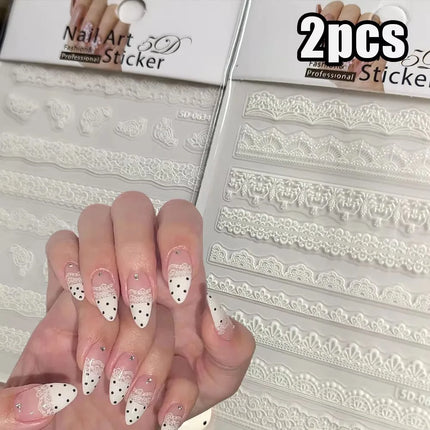 2pcs Y2K White Lace 5D Nail Art Stickers White Embossed Flowers Petals Elegant French Decals Wedding Nails Manicure Decorations